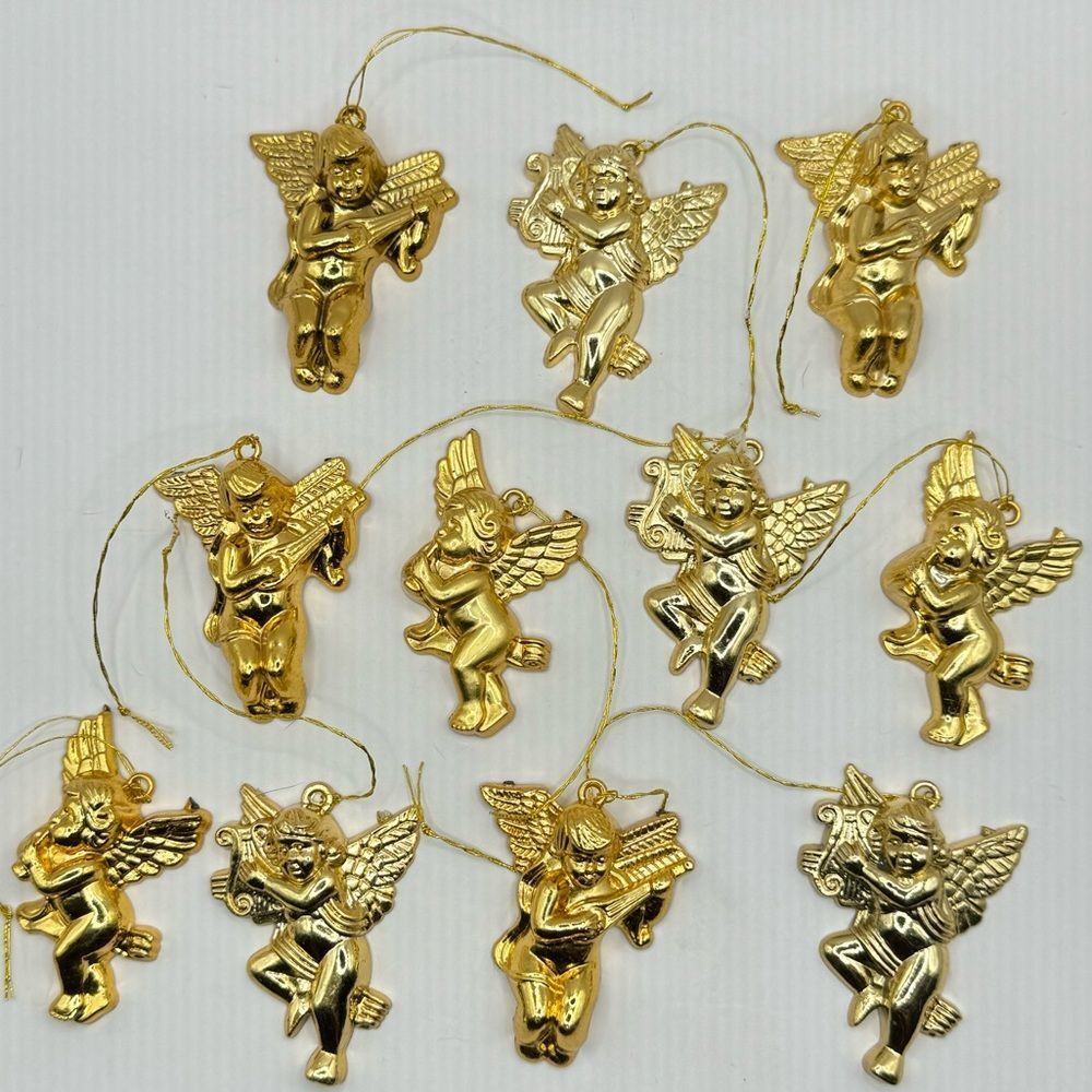 Set of 11 Golden Cherubs Playing Instruments, miniature sized for Tabletop Tree